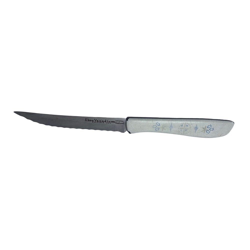 Vintage Ekco Vanadium Stainless USA Serrated Steak Knife White Patterned‎ Handle